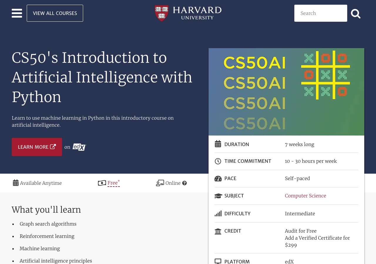 CS50's Introduction to Artificial Intelligence with Python course page in Harvard's catalog, with the fact sheet on the right.