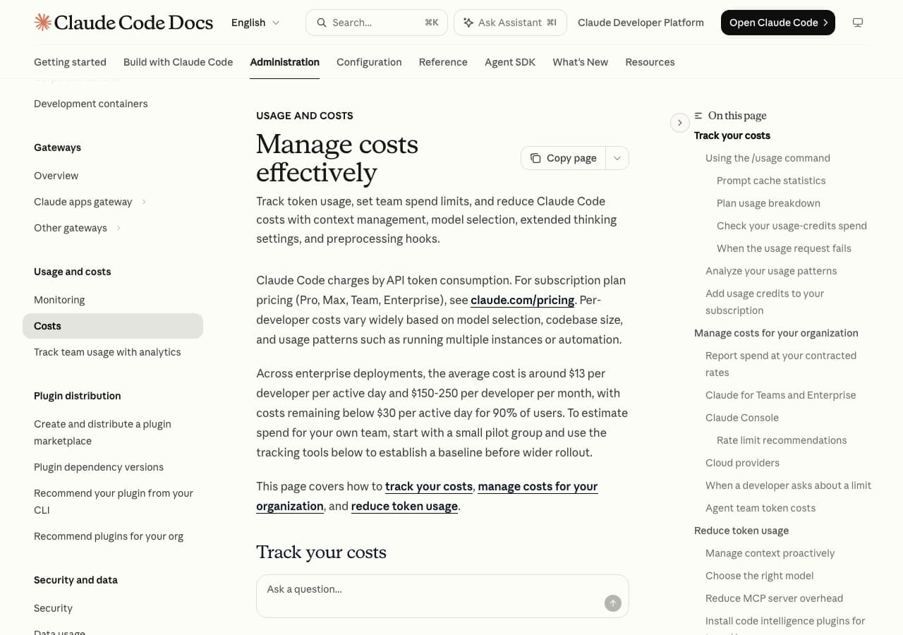 "Manage costs effectively" page from the official Claude Code documentation.