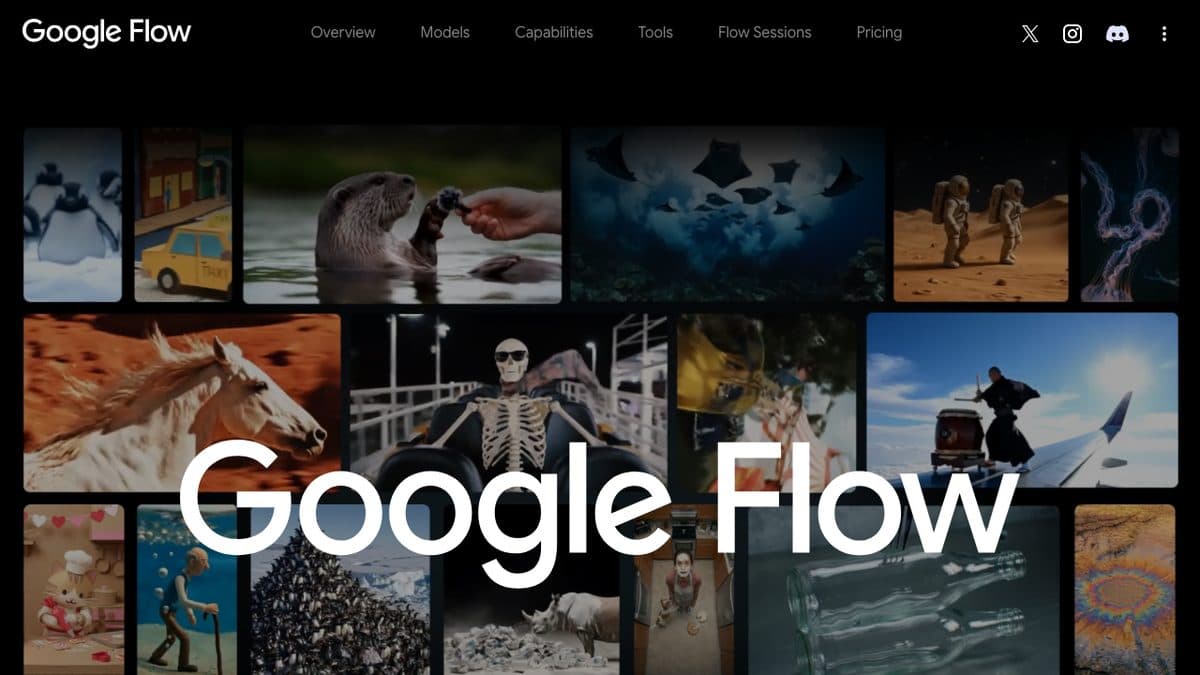 Página de abertura do Google Flow, com mosaico de vídeos gerados por IA